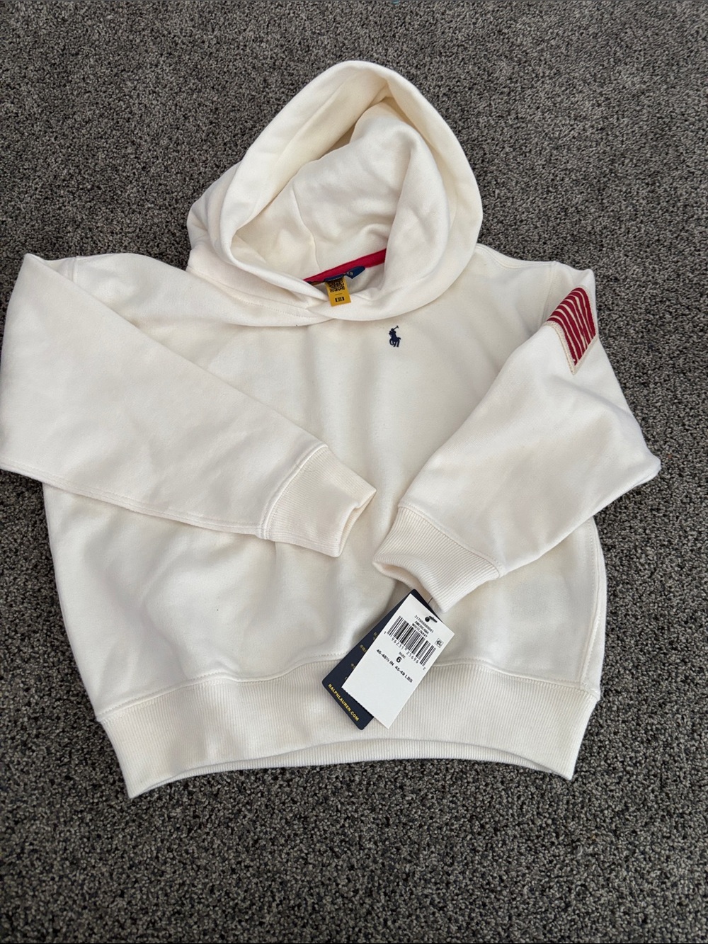 Polo by Ralph Lauren Cream Pullover Hoodie with Red Sleeve Accent for Kids